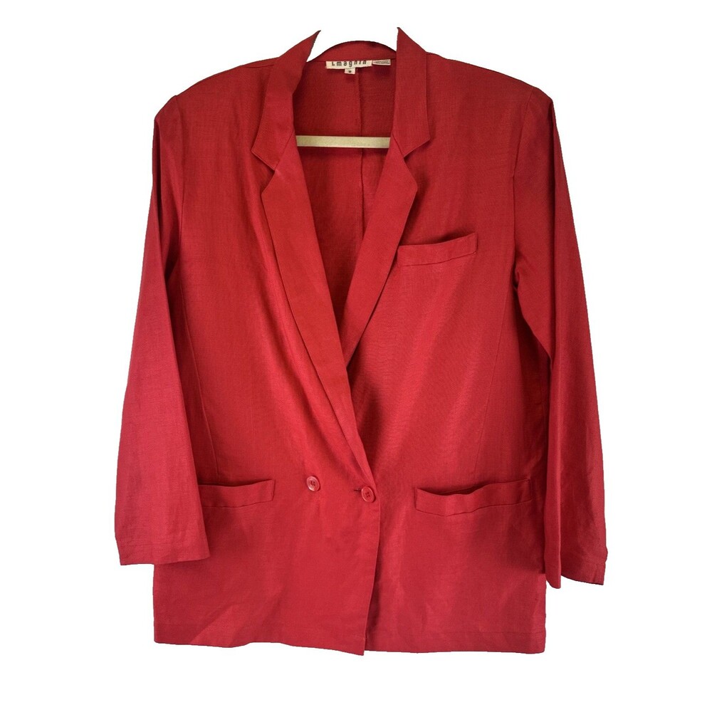 I. Magnin Red Linen Blazer Jacket Double Button Collar Vintage Pockets Womens 8